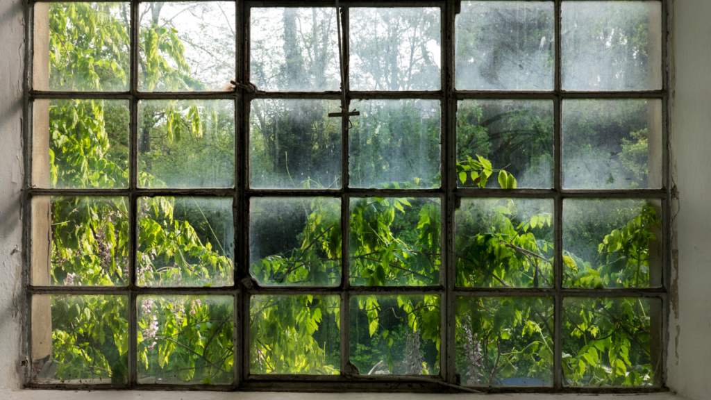 A big window with a run down window frame