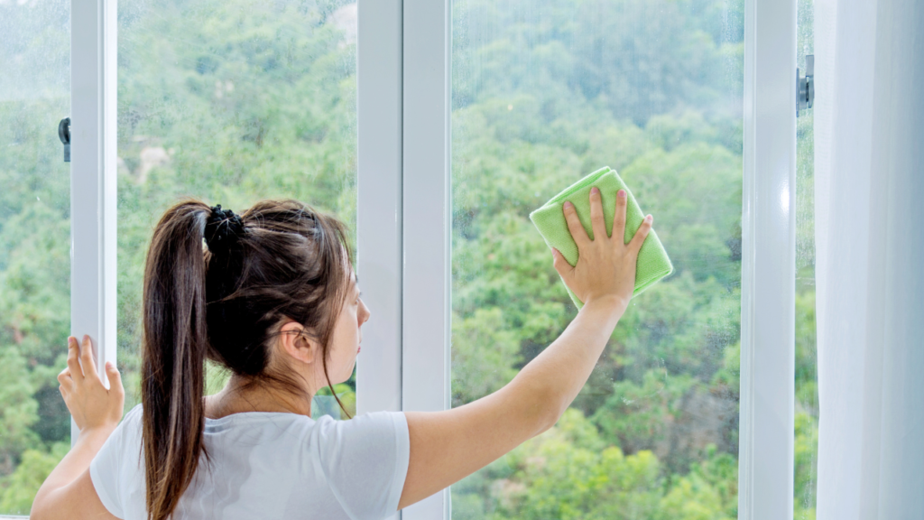 A hired window cleaner cleaning the window