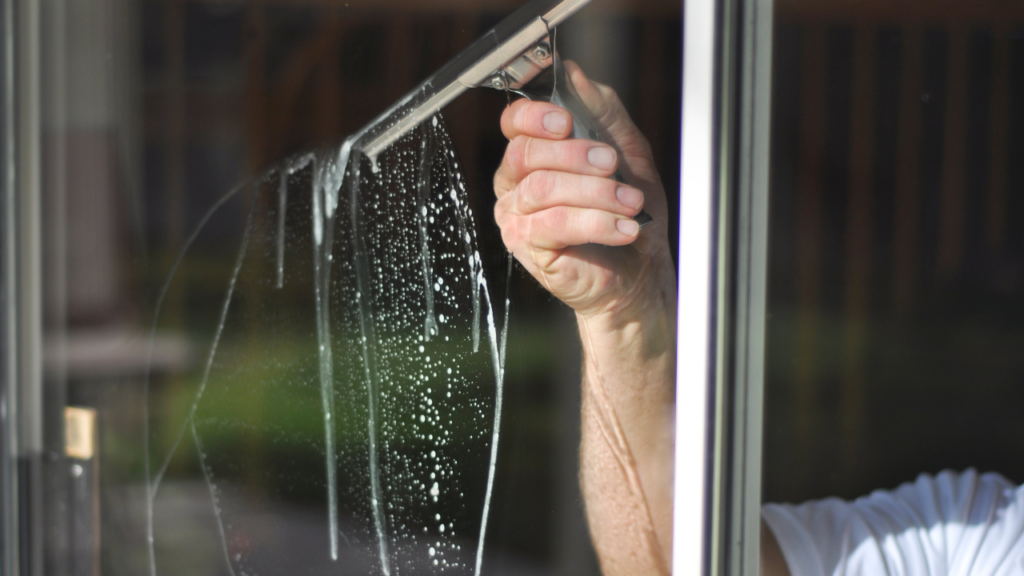 A person using a squeegee to clean the window