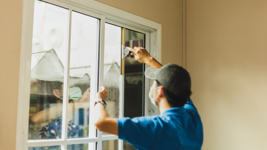 A person doing window grill cleaning