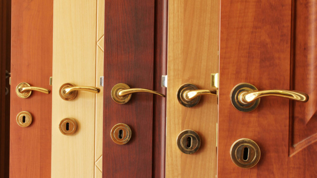 Different samples of wood doors such as oak doors