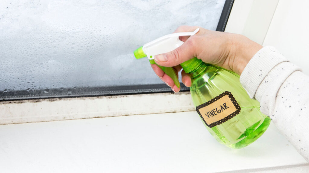 Spraying stubborn stains and rust with vinegar and hot water solution